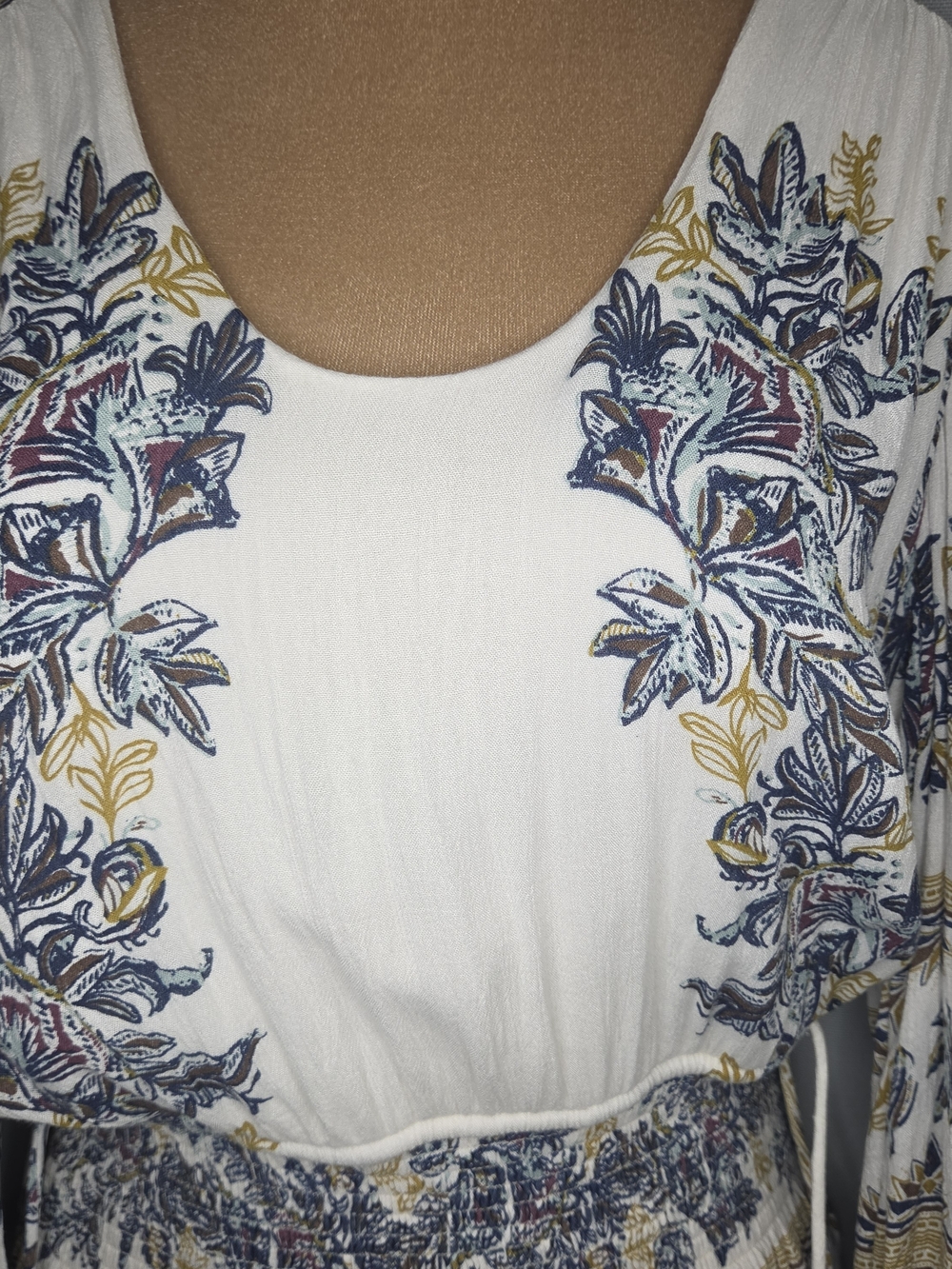 Free People White Floral Boho Smocked-Waist Dress Size M Medium With Waist Ties - Picture 3 of 9
